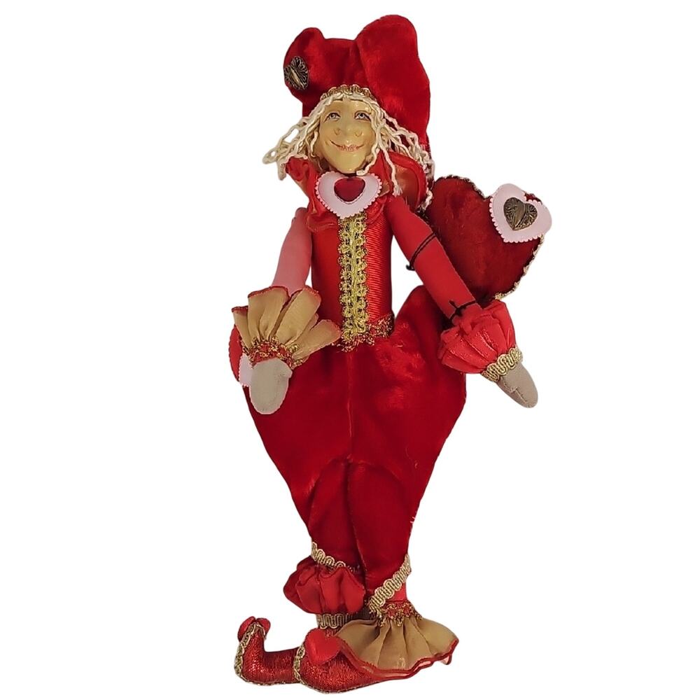 Vintage Thailand Red Jester Big Nose Poseable Doll with Heart Accents Velvet 13"